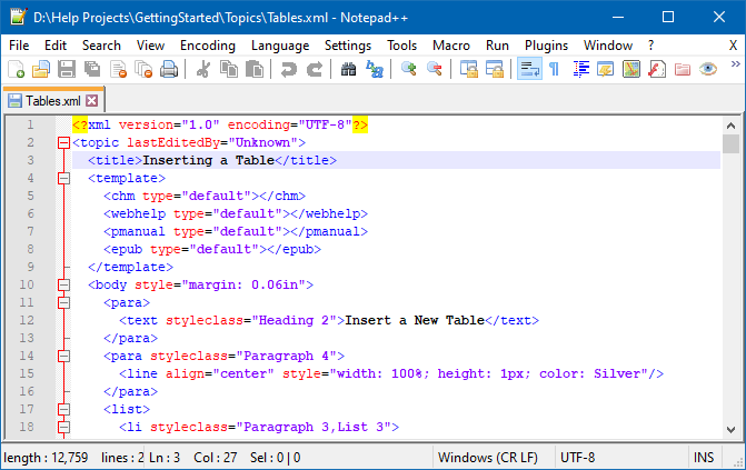 Viewing the XML source code of a topic file