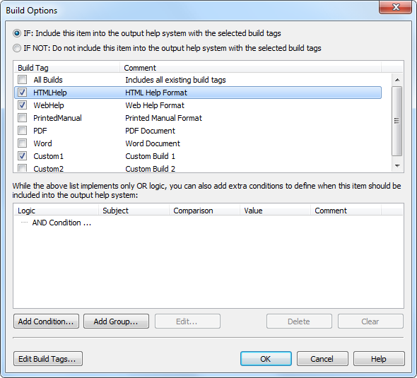 Editing Build Options of a Help Topic