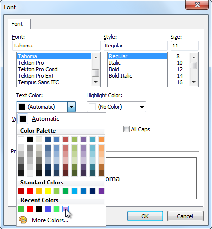 The Font Dialog with the New Color Selector
