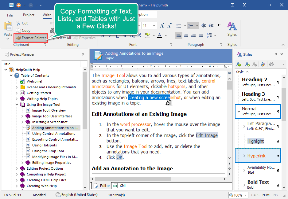 Using the Format Painter Tool to Copy Formatting of Selected Text