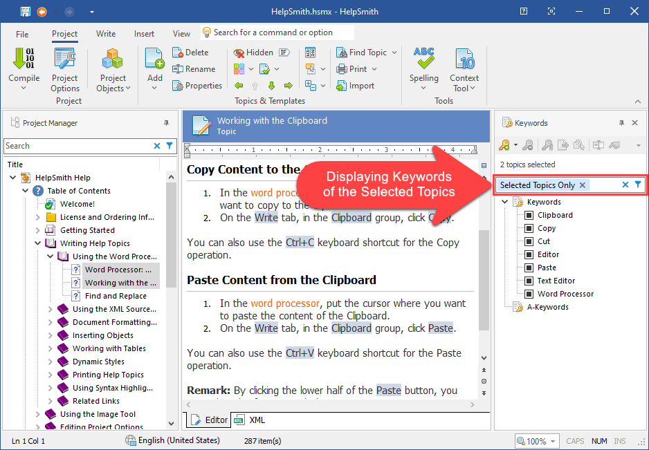 Using the Filters Feature in the Keywords Pane