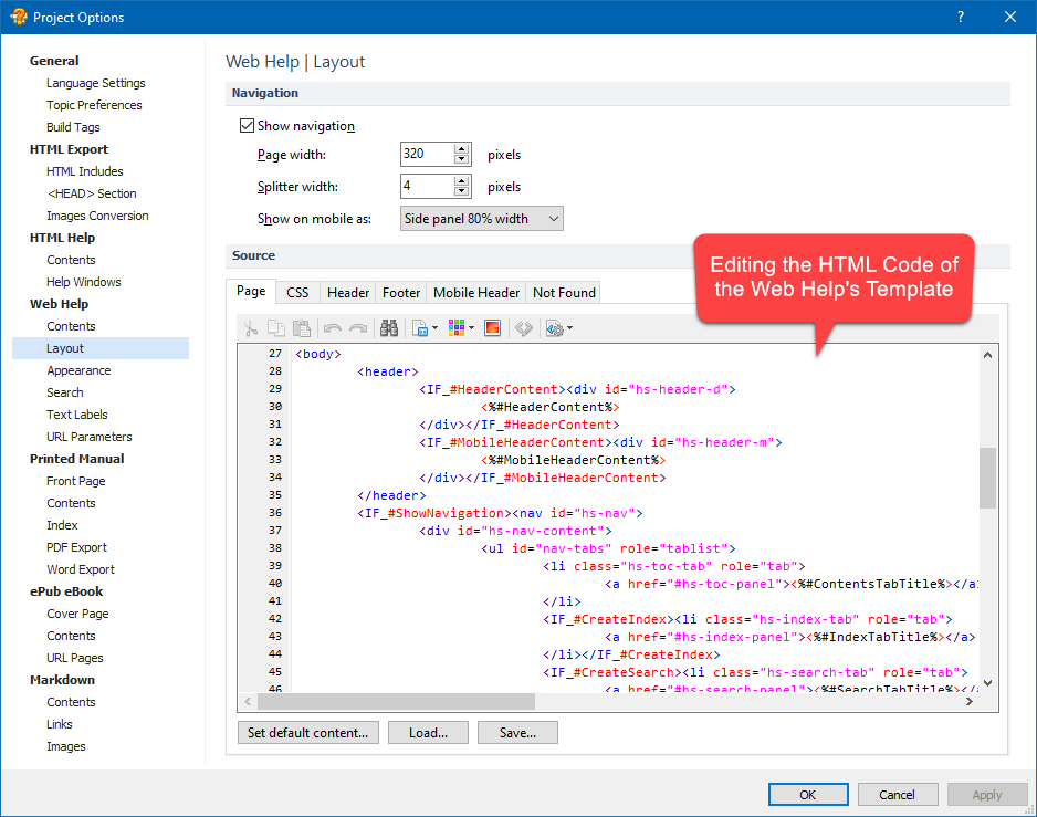 Editing the HTML Code of the Web Help Template