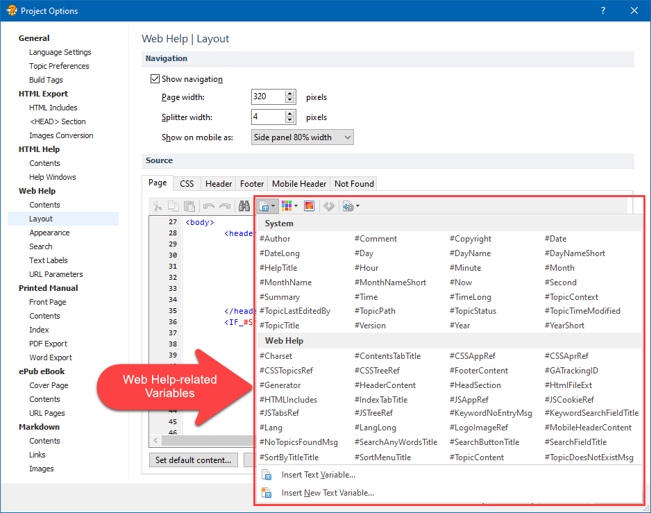 Web Help-related Variables for Usage in the Template