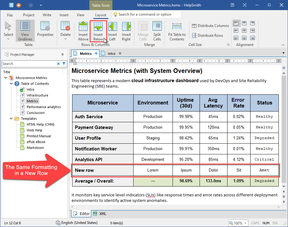 Editing a Table in the HelpSmith Topic Editor