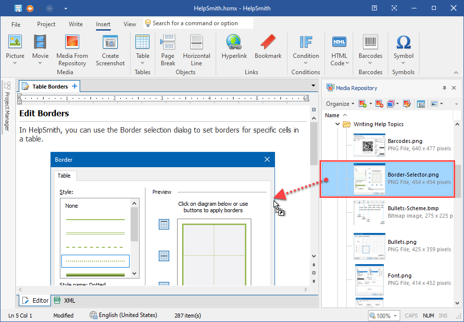 Inserting an Image by Dragging a File from the Media Repository
