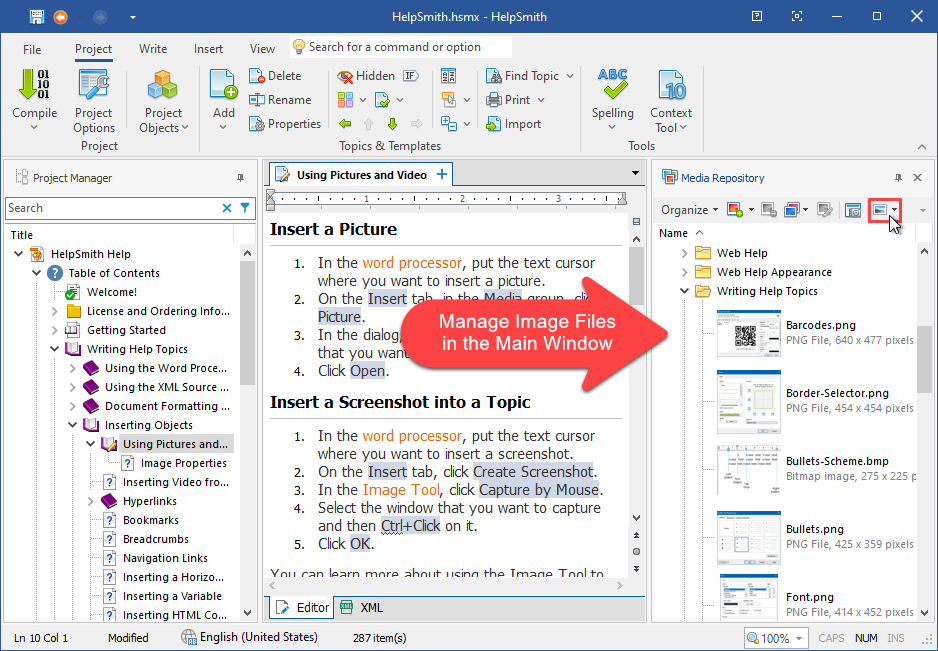 Managing Image Files in the Integrated Media Repository Panel