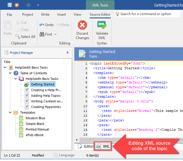 Editing the XML Source Code of a Topic in HelpSmith