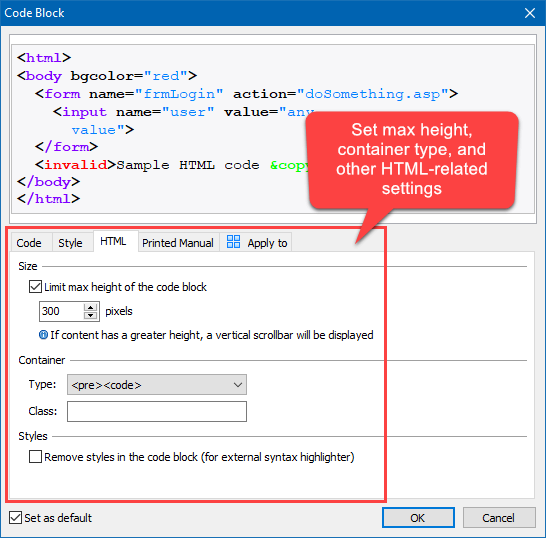 Code Block's HTML-related Settings