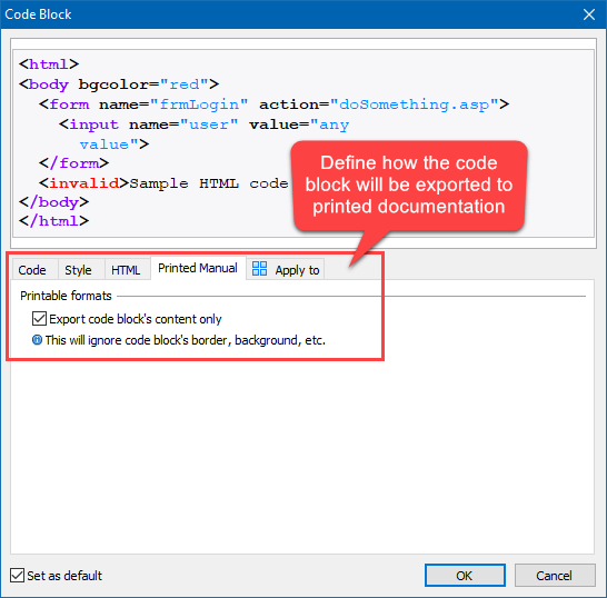 Code Block's Printed Manual-related Settings