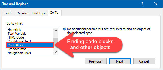 Finding Code Blocks in the Help Project