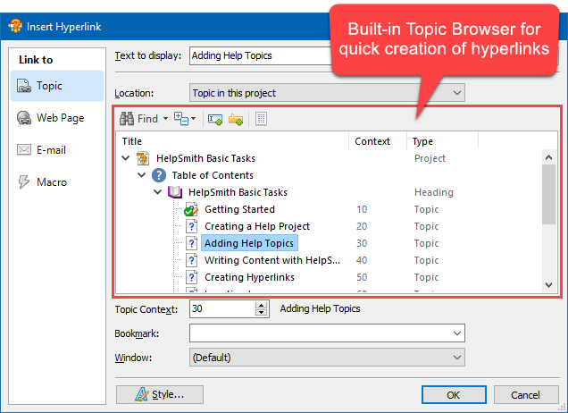 Redesigned Hyperlink Dialog with Embedded Topic Browser