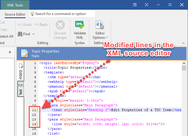 Modified Lines in HelpSmith's XML Source Editor