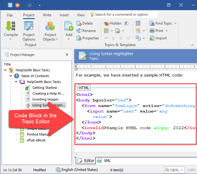 Topic with a Code Block in HelpSmith