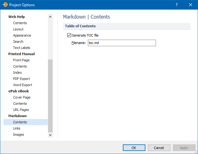Markdown Contents Options