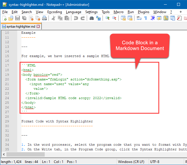 Markdown Document with a Code Block in Notepad++