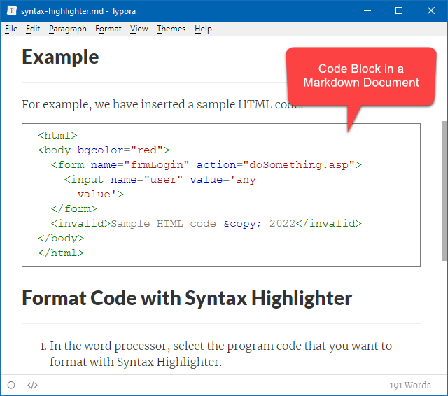 Document with a Code Block in a Markdown Reader