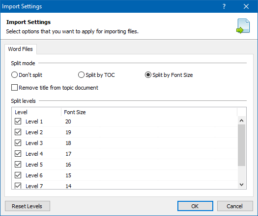 Word Document Split Settings