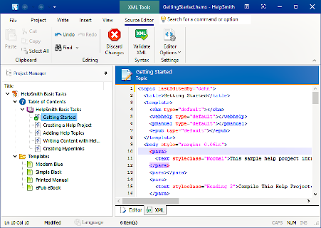 Editing XML Source Code of a Topic