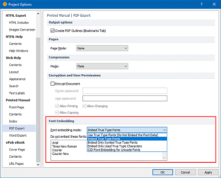 Font Embedding Options