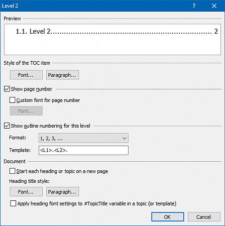 Outline Level Settings