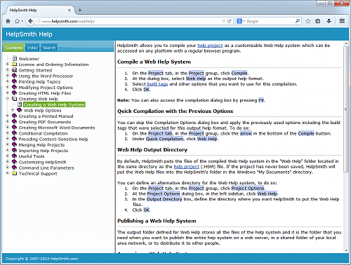 Web Help system compiled with "Hot Sneaks" style scheme
