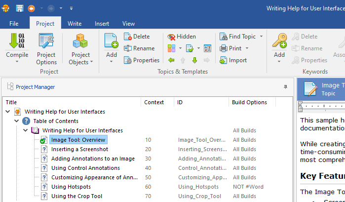 Editing the Table of Contents in the Project Manager