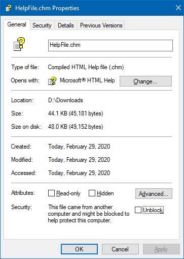 Unblocking a .CHM help file