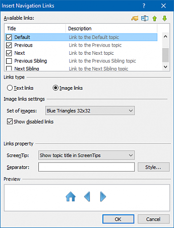 Settings of the Navigation Links Placeholder