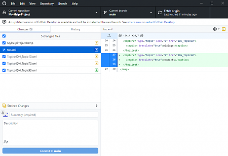 Viewing changes to the project's files in GitHub Desktop