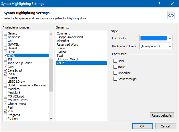 Editing Syntax Highlighting Settings